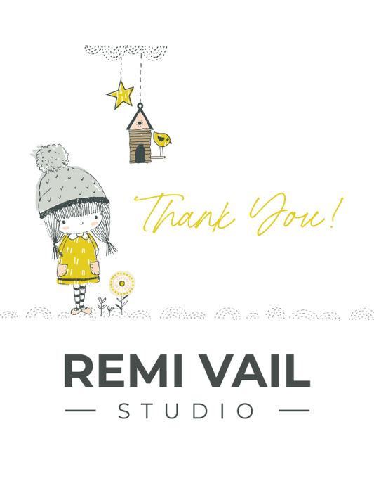 Hand drawn girl in a winter hat with a yellow dress. Thank you written in yellow. Remi Vail Studio logo.