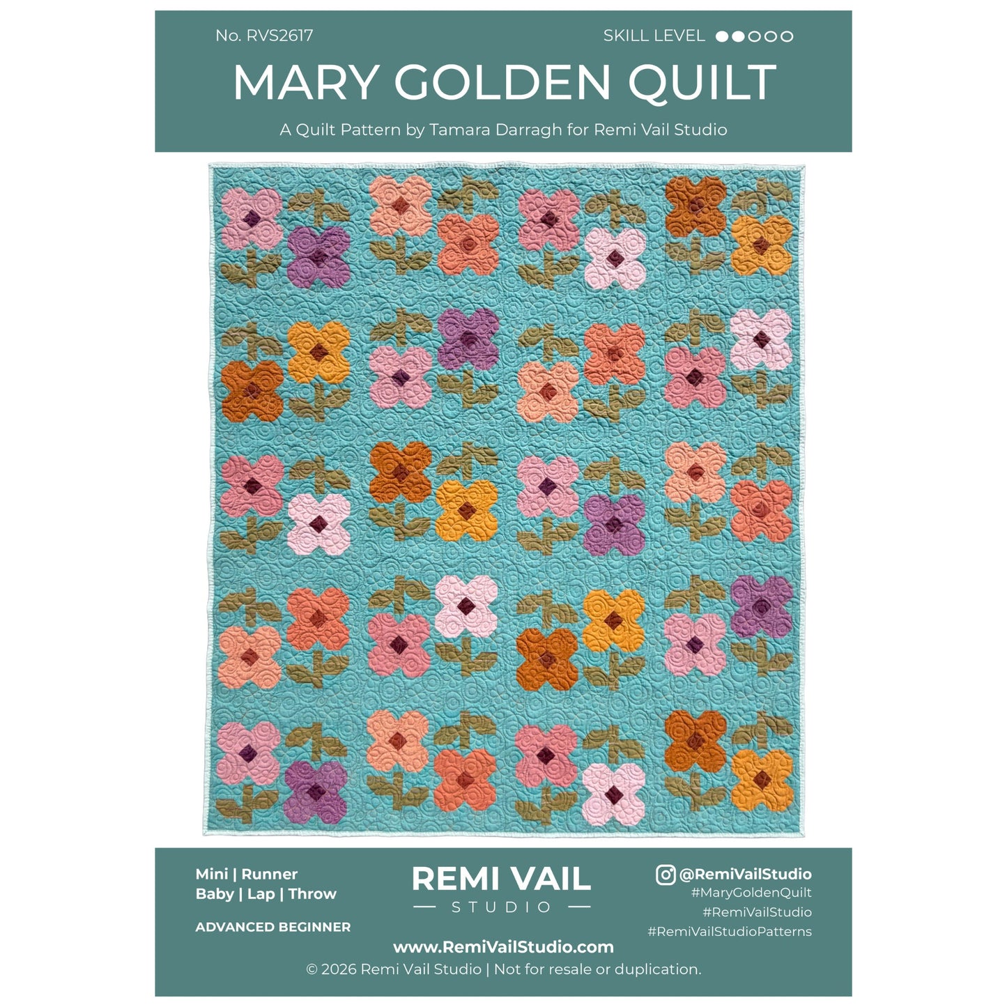 A quilt pattern cover for the Mary Golden Quilt by Remi Vail Studio, showing a finished quilt design with a turquoise background and retro floral patchwork in pink, orange, purple, and yellow, framed by dark teal header and footer bands with product details.