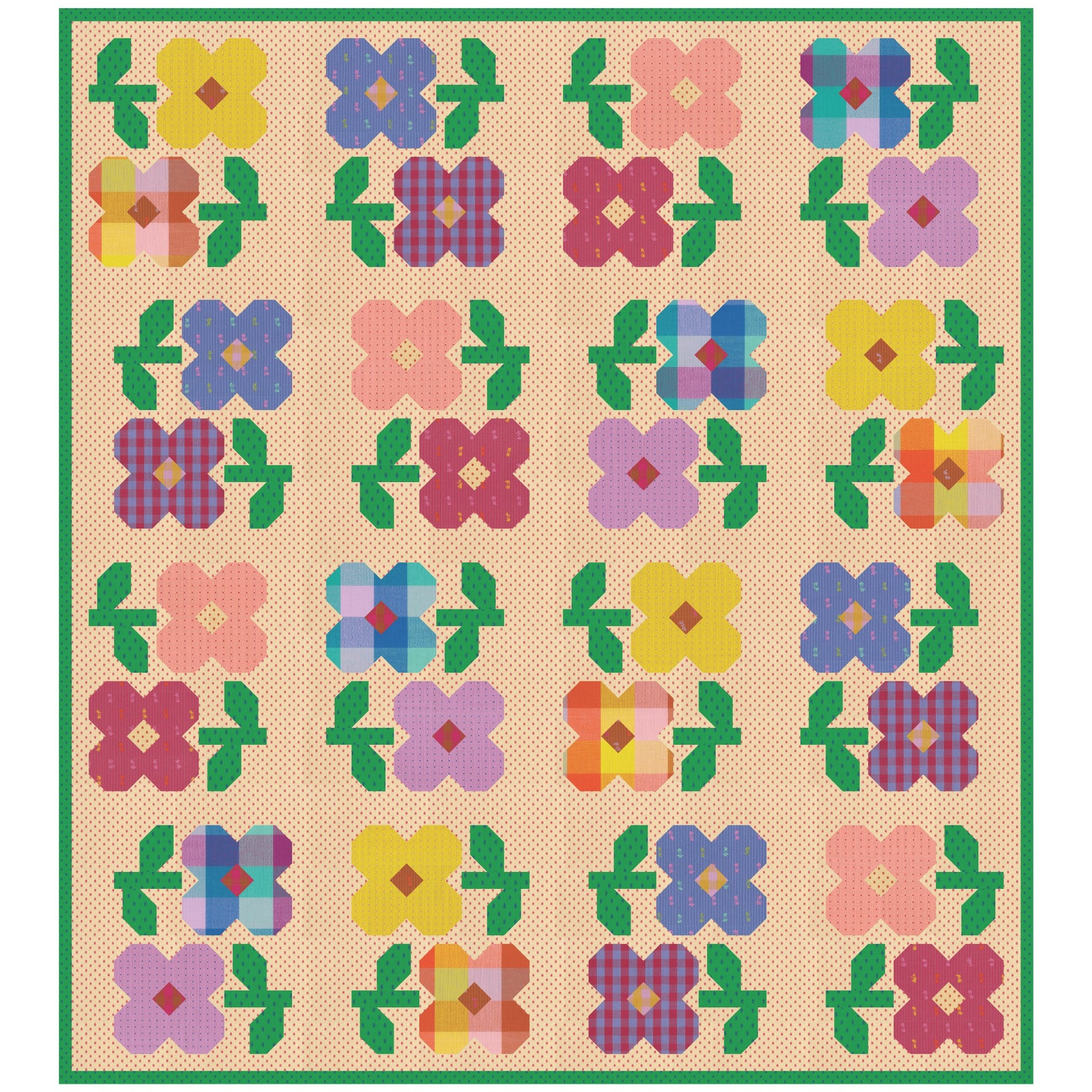 The Mary Golden Quilt quilt pattern by Tamara Darragh for Remi Vail Studio featuring a grid of colorful flower motifs on a warm cream background with  pink dots and a green dot border. The flowers and leaves appear in pink, purple, blue, yellow, orange, and green, with some plaid-style centers.