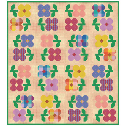 The Mary Golden Quilt quilt pattern by Tamara Darragh for Remi Vail Studio featuring a grid of colorful flower motifs on a warm cream background with  pink dots and a green dot border. The flowers and leaves appear in pink, purple, blue, yellow, orange, and green, with some plaid-style centers.