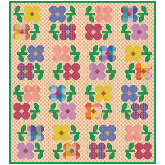 The Mary Golden Quilt quilt pattern by Tamara Darragh for Remi Vail Studio featuring a grid of colorful flower motifs on a warm cream background with  pink dots and a green dot border. The flowers and leaves appear in pink, purple, blue, yellow, orange, and green, with some plaid-style centers.