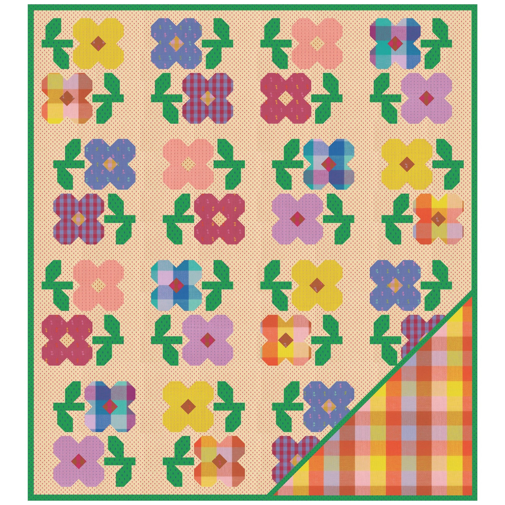 A square quilt or blanket design shown flat against a white background. The product features a beige dotted base with a grid of colorful flower motifs in yellow, blue, pink, purple, and red, plus green leaves.