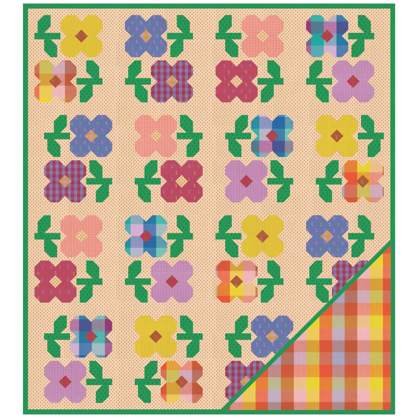 A square quilt or blanket design shown flat against a white background. The product features a beige dotted base with a grid of colorful flower motifs in yellow, blue, pink, purple, and red, plus green leaves.
