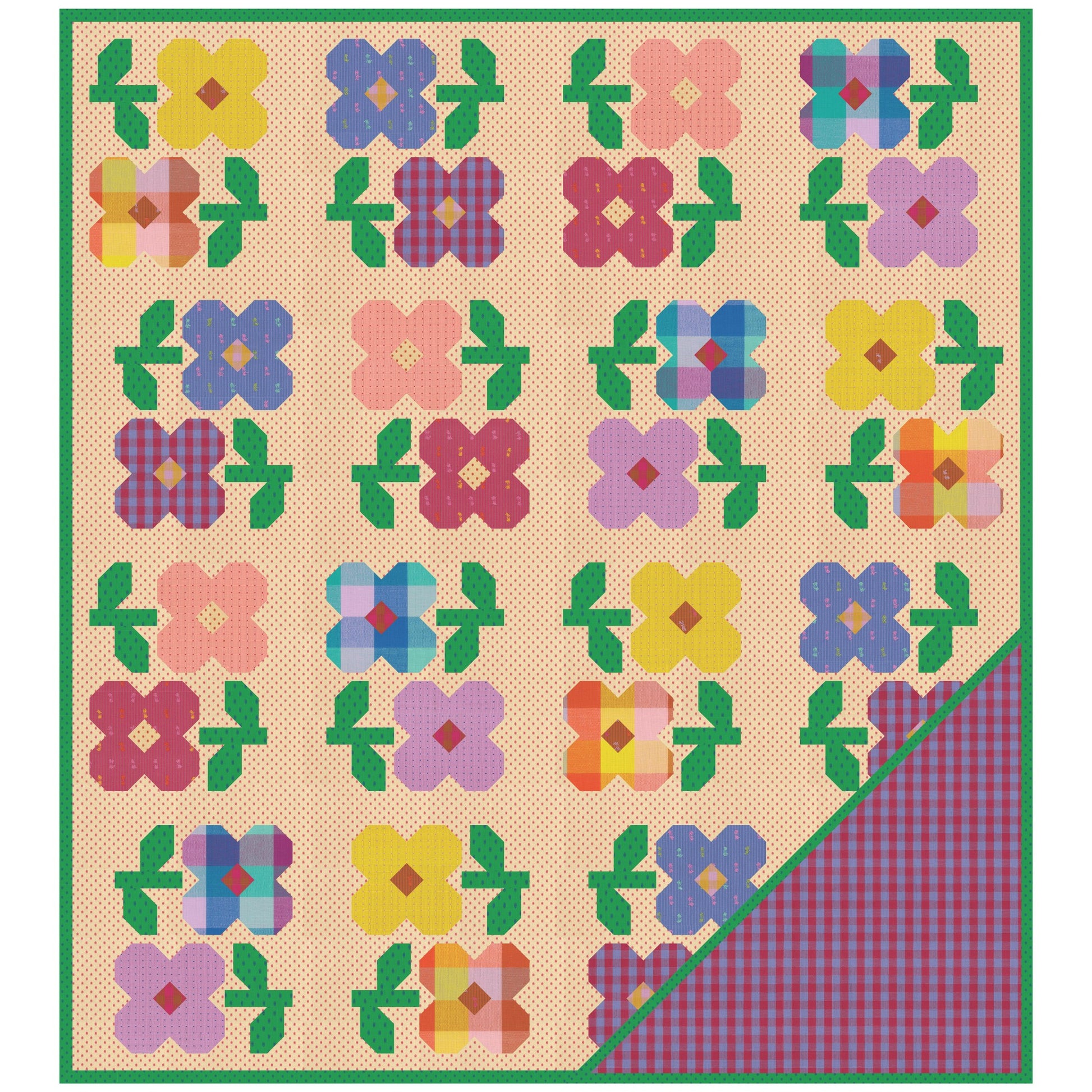 A rectangle quilt Mary Golden Quilt featuring a patchwork floral pattern on a beige background with a green border. The design includes colorful flowers in yellow, blue, pink, purple, and orange, with a folded corner revealing a red and purple gingham pattern underneath.