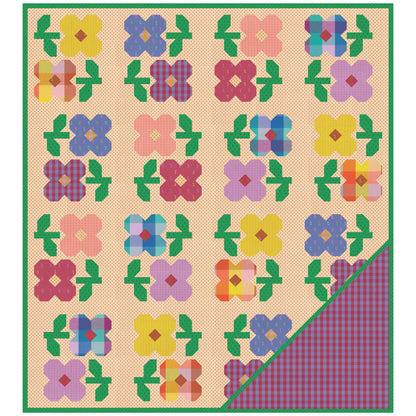 A rectangle quilt Mary Golden Quilt featuring a patchwork floral pattern on a beige background with a green border. The design includes colorful flowers in yellow, blue, pink, purple, and orange, with a folded corner revealing a red and purple gingham pattern underneath.
