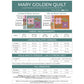 A fabric requirements chart for the Mary Golden Quilt sewing pattern, showing color swatches and measurements for limited palette and mix & match versions. The chart includes a teal header and multiple tables with fabric yardage and pattern piece counts.