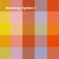 A square fabric swatch with a plaid grid pattern in warm and pastel tones, including yellow, orange, pink, peach, lavender, and light green, with the text 'Backing Option 1' overlaid at the top left.
