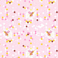 Pattern of bees and colorful dots on a pink background