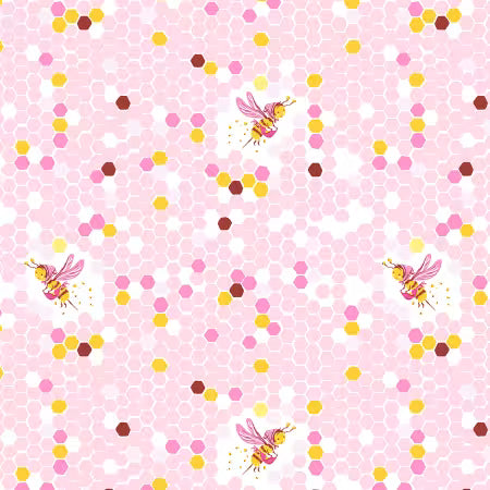 Pattern of bees and colorful dots on a pink background
