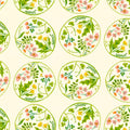 Pattern of circular designs with green leaves and pink flowers on a beige background