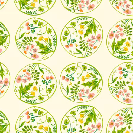 Pattern of circular designs with green leaves and pink flowers on a beige background