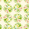 Pattern of circular designs with green leaves and pink flowers on a beige background
