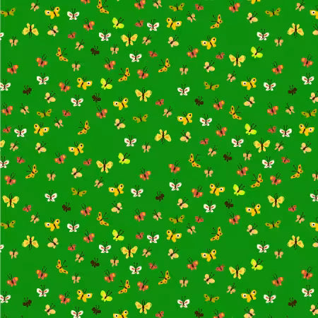 Pattern of colorful butterflies on a green background