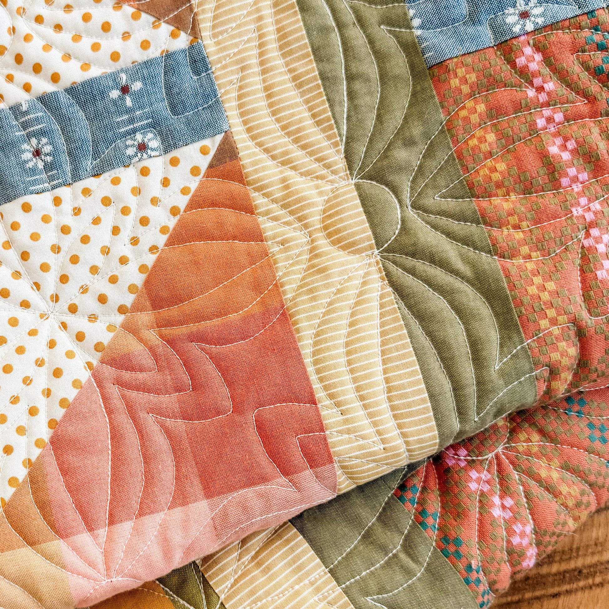 Close-up of a patchwork quilt with various colorful fabrics.