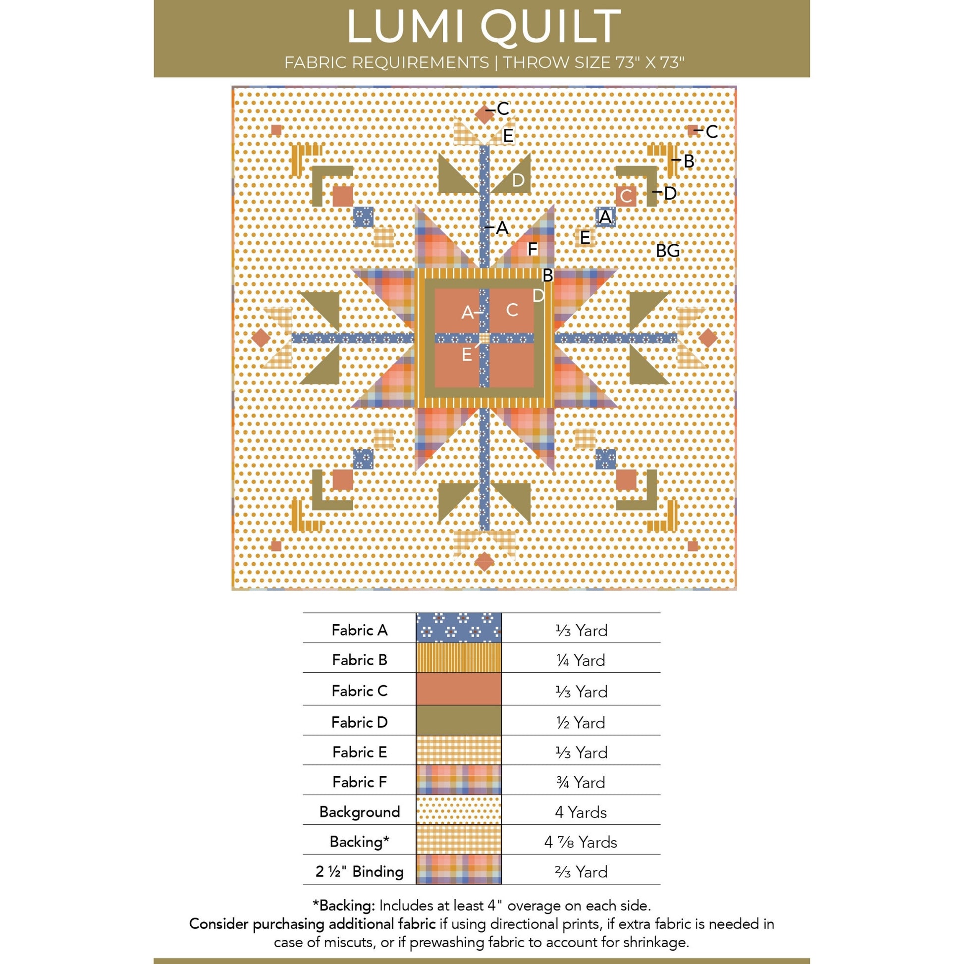 Lumi Quilt pattern with fabric requirements for a throw size 73" x 73".