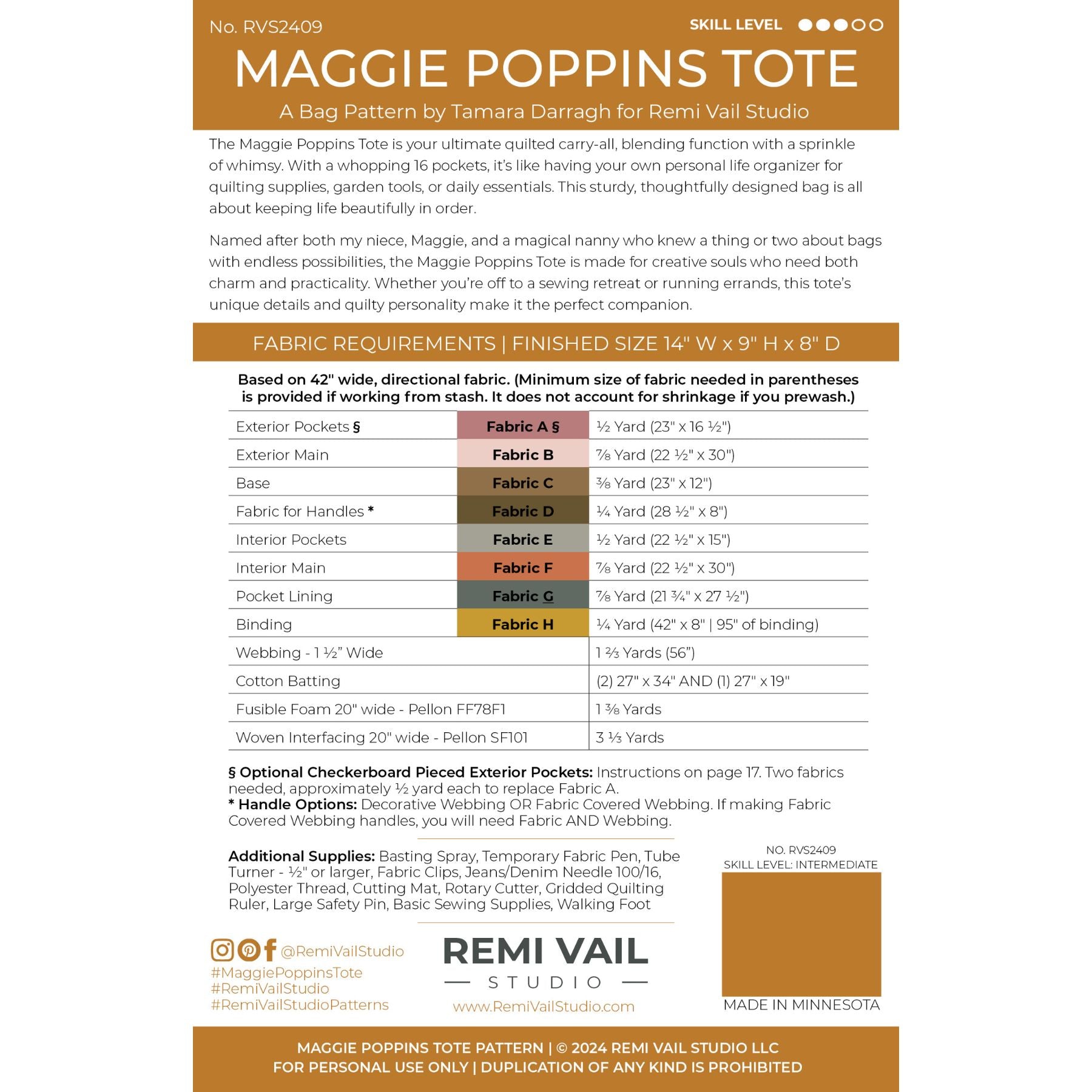 Back side of Maggie Poppins Tote pattern with details about skill level, fabric requirements, inspiration for the design.