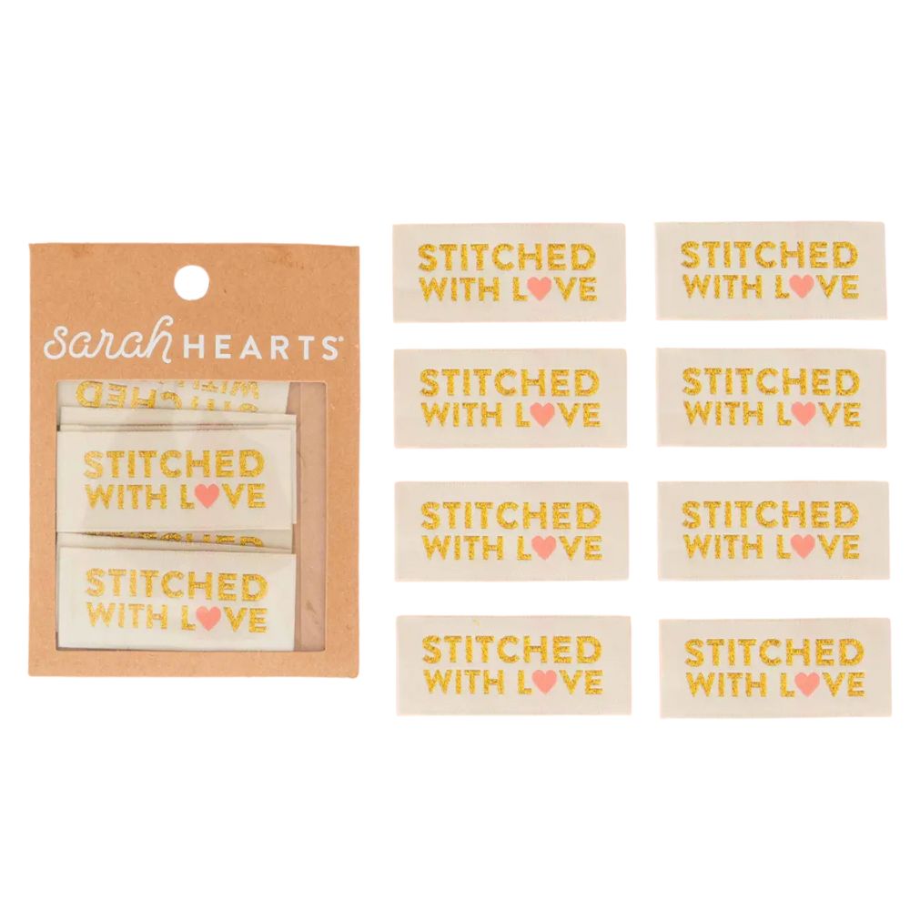 Stitched With Love - Gold Sewing Woven Label Tag (8 Pack) - Sarah Hearts