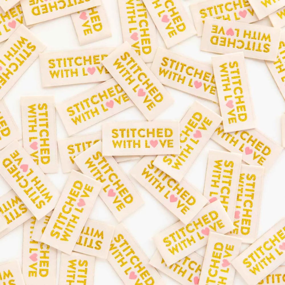 Stitched With Love - Gold Sewing Woven Label Tag (8 Pack) - Sarah Hearts
